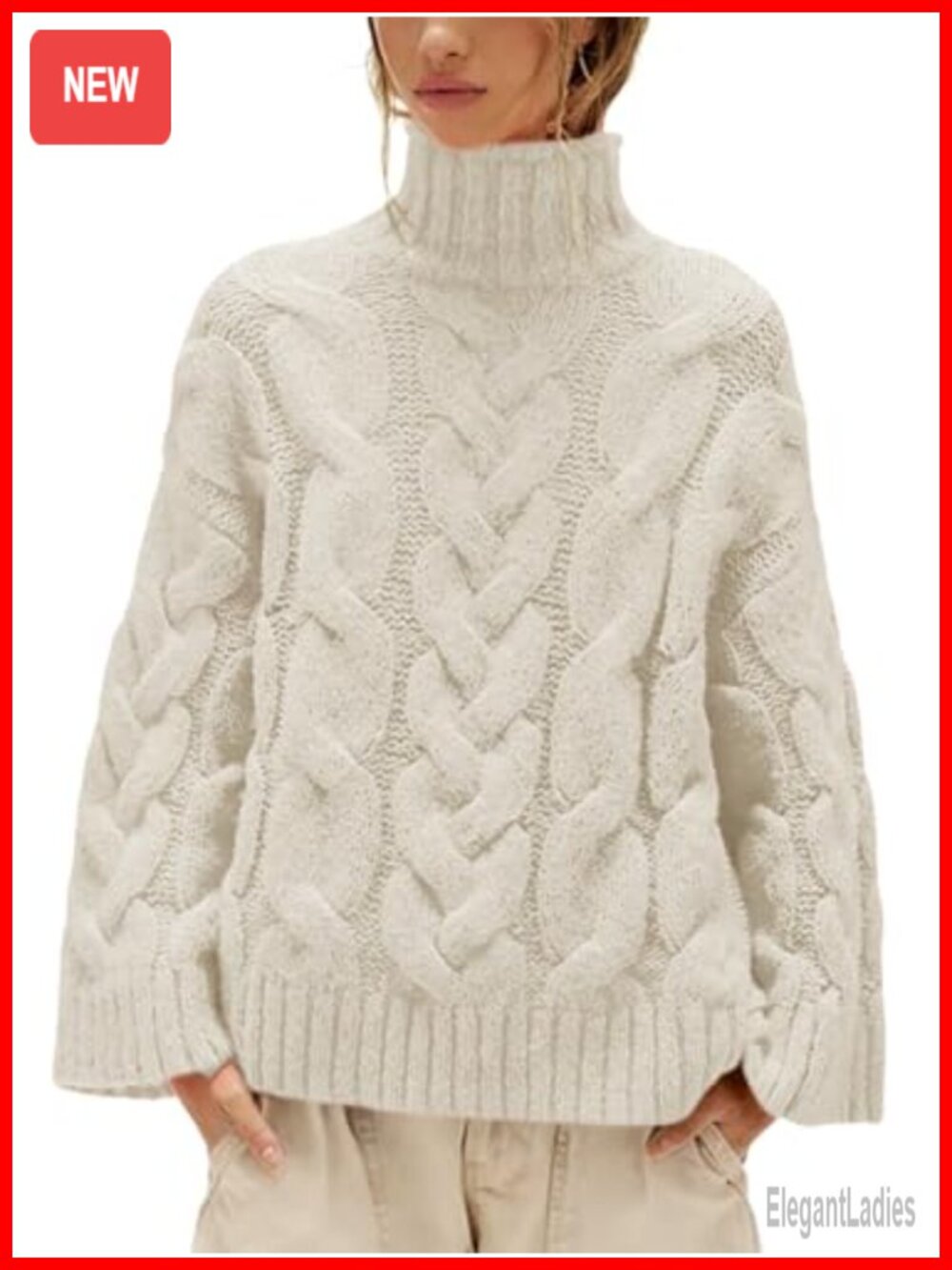 Chunky Cable Knit Turtleneck Sweater Oversized Pullover Fall Winter